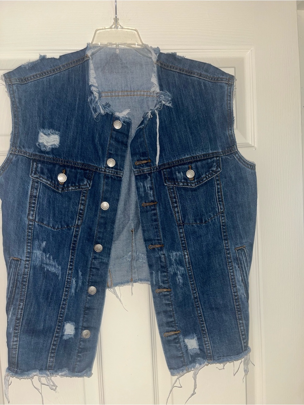 Dark Blue Distressed Denim Vest - Women